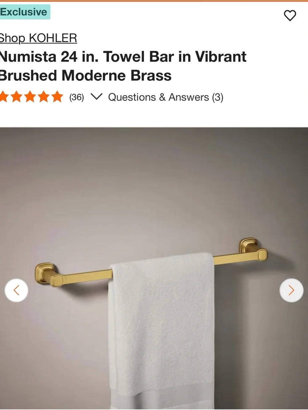 New Kohler Numista 24” Brushed Moderne Brass Towel Bar